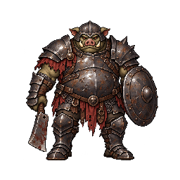 鉄の重鎧と盾と大きな刃を構えるオークの敵キャラ立ち絵イラスト(王道ファンタジー)