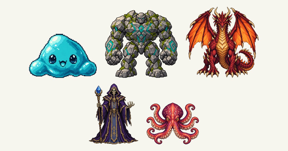 スライム、ストーンゴーレム、ドラゴン、リッチ、大ダコのイラスト