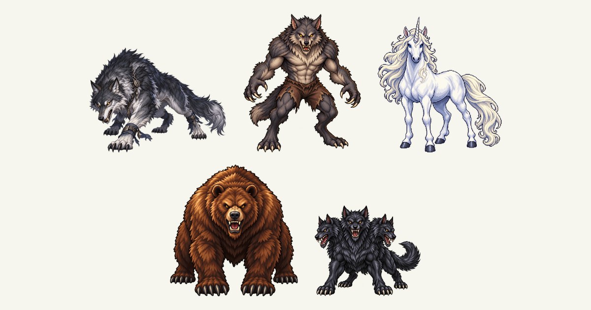 枷断ちのフェンリル、ワーウルフ、ユニコーン、巨熊、ケルベロスのイラスト