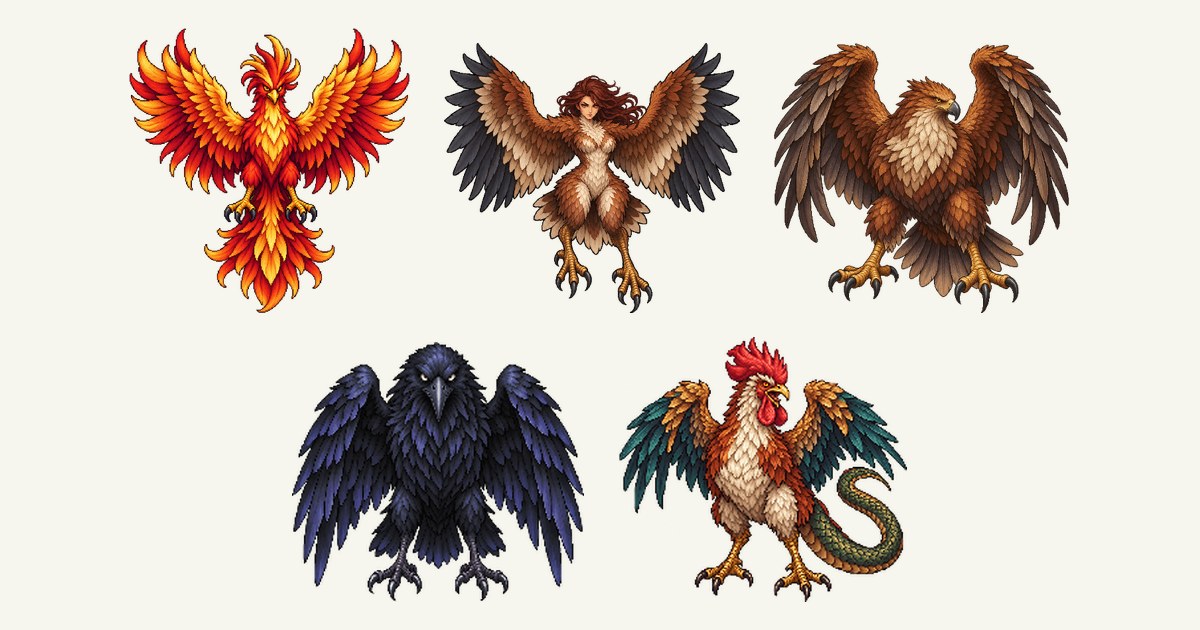 フェニックス、ハーピー、ロック鳥、大鴉、コカトリスのイラスト