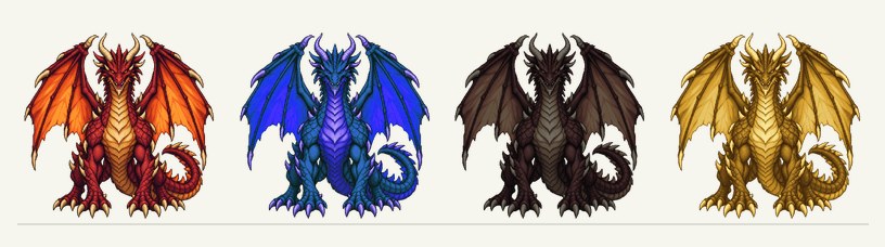 ドラゴンの色違いの例。元の赤、色相を変えた青、暗くした黒、金色に染めたもの