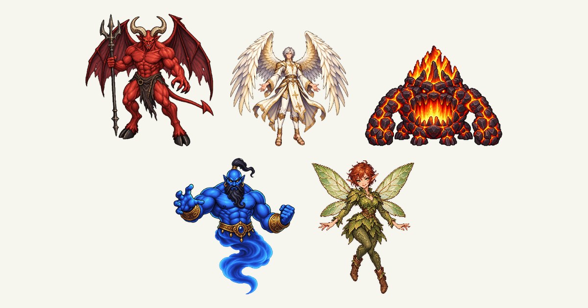 ホーンドデビル、天使、炎の精霊、ジン、ピクシーのイラスト