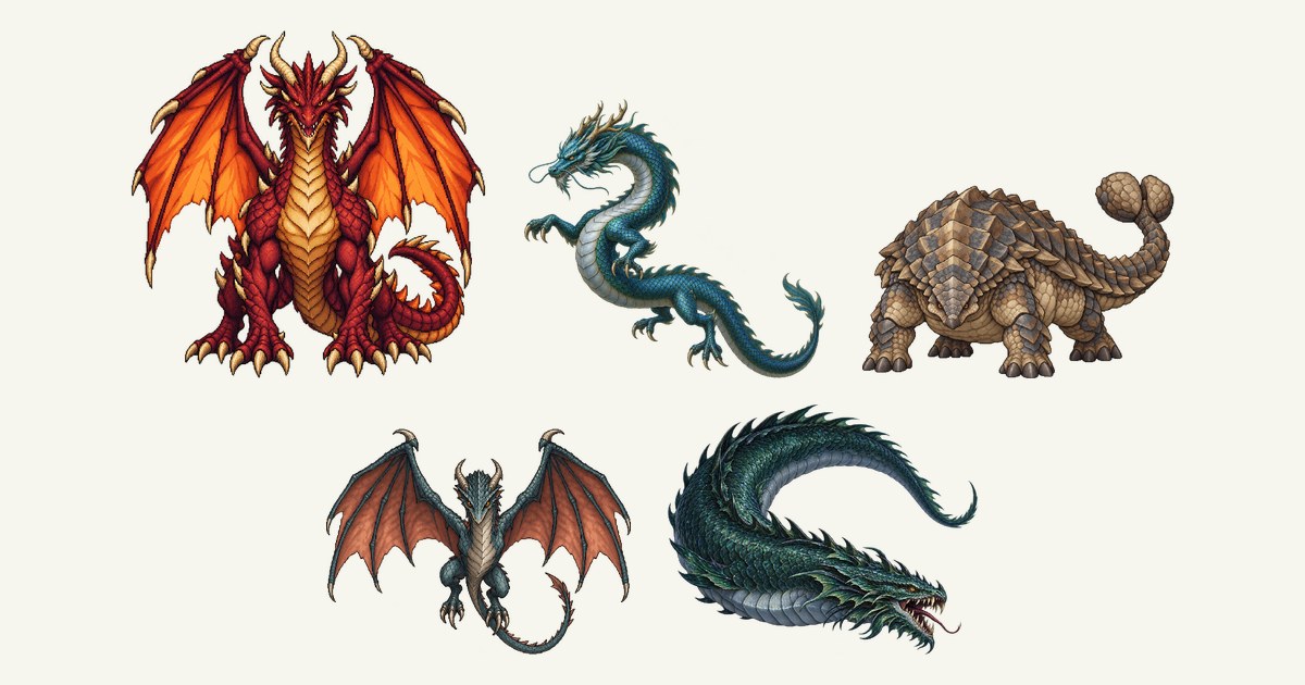 ドラゴン、東方の青龍、槌瘤アンキロ、ワイバーン、海巻きのヨルムンガンドのイラスト