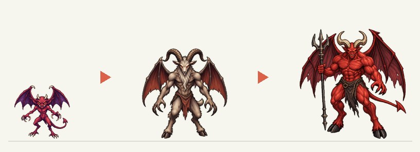 インプ、山羊の悪魔、ホーンドデビルを大きさの比率どおりに並べた図