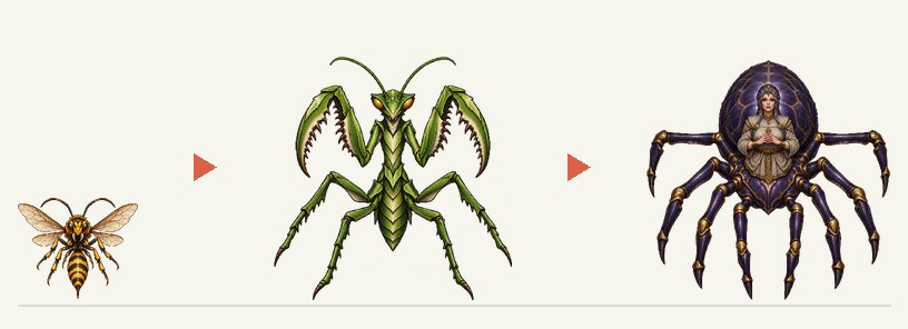 大スズメバチ、大鎌カマキリ、架網の蜘蛛母を大きさの比率どおりに並べた図