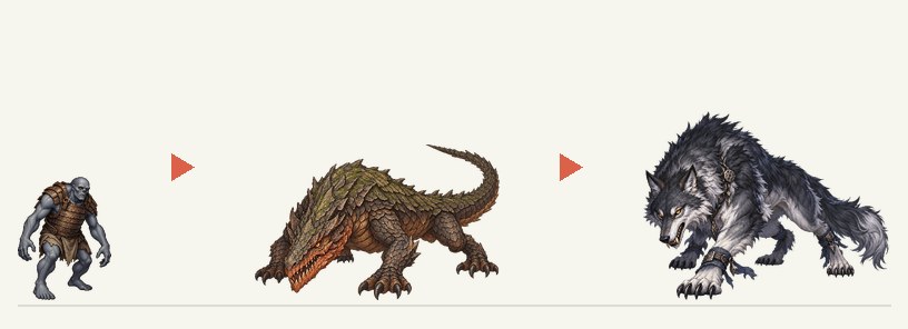 塚守りのドラウグ、根齧りのニーズヘッグ、枷断ちのフェンリルを大きさの比率どおりに並べた図