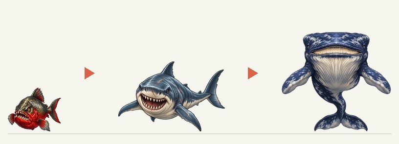 ピラニア、大サメ、潮門ヒゲクジラを大きさの比率どおりに並べた図