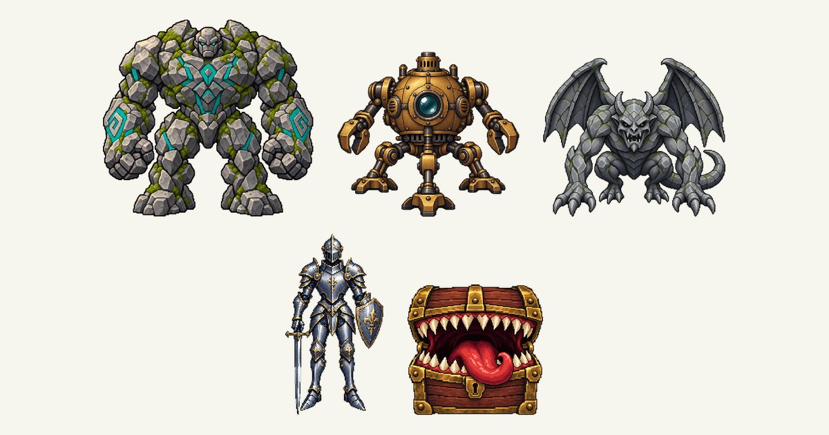 ストーンゴーレム、機巧の番人、ガーゴイル、リビングアーマー、ミミックのイラスト