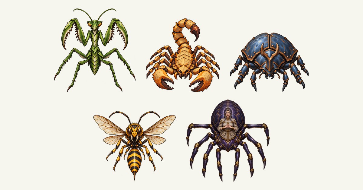 大鎌カマキリ、スコーピオン、鎧甲虫、大スズメバチ、架網の蜘蛛母のイラスト