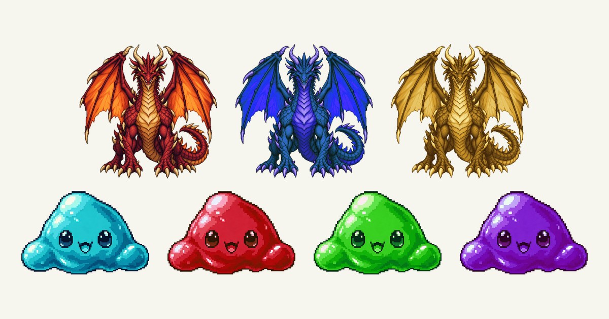 ドラゴンとスライムの色違いのイラスト