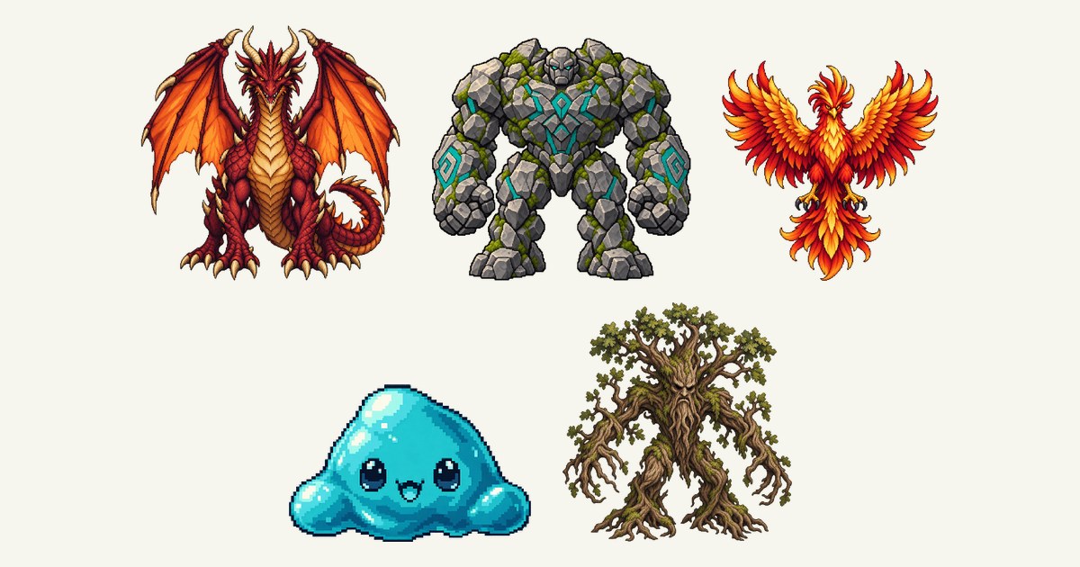 ドラゴン、ストーンゴーレム、フェニックス、スライム、トレントのイラスト