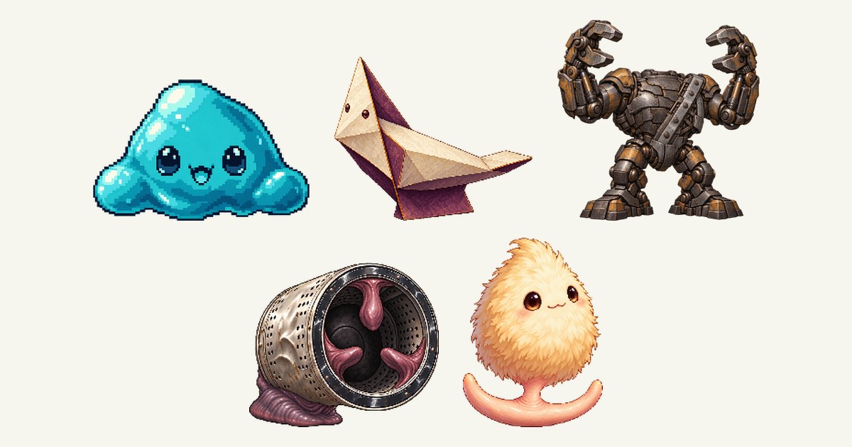 スライム、一角の折り舟、再鋳の鋳造主、回る口の洗濯槽、ゆりかご足のふわたまのイラスト