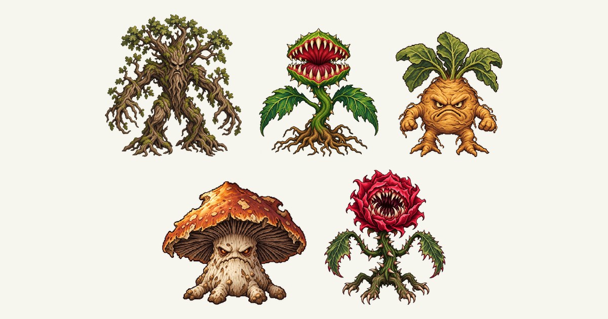 トレント、人喰い草、マンドレイク、マッシュルーム、イバラのバラのイラスト