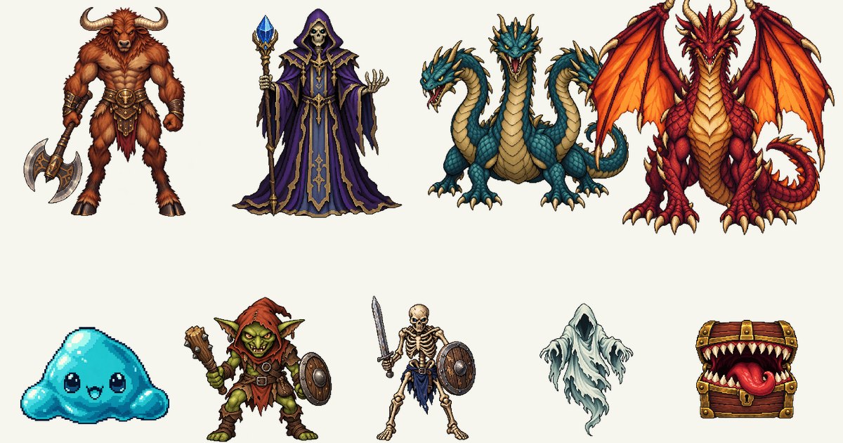 ミノタウロス、リッチ、ヒュドラ、ドラゴン、スライム、ゴブリン、スケルトン、ゴースト、ミミックのイラスト