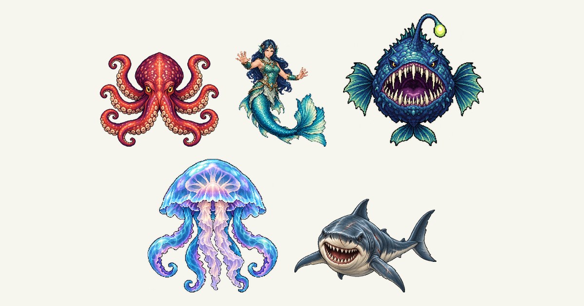 大ダコ、マーメイド、魔アンコウ、クラゲ、大サメのイラスト
