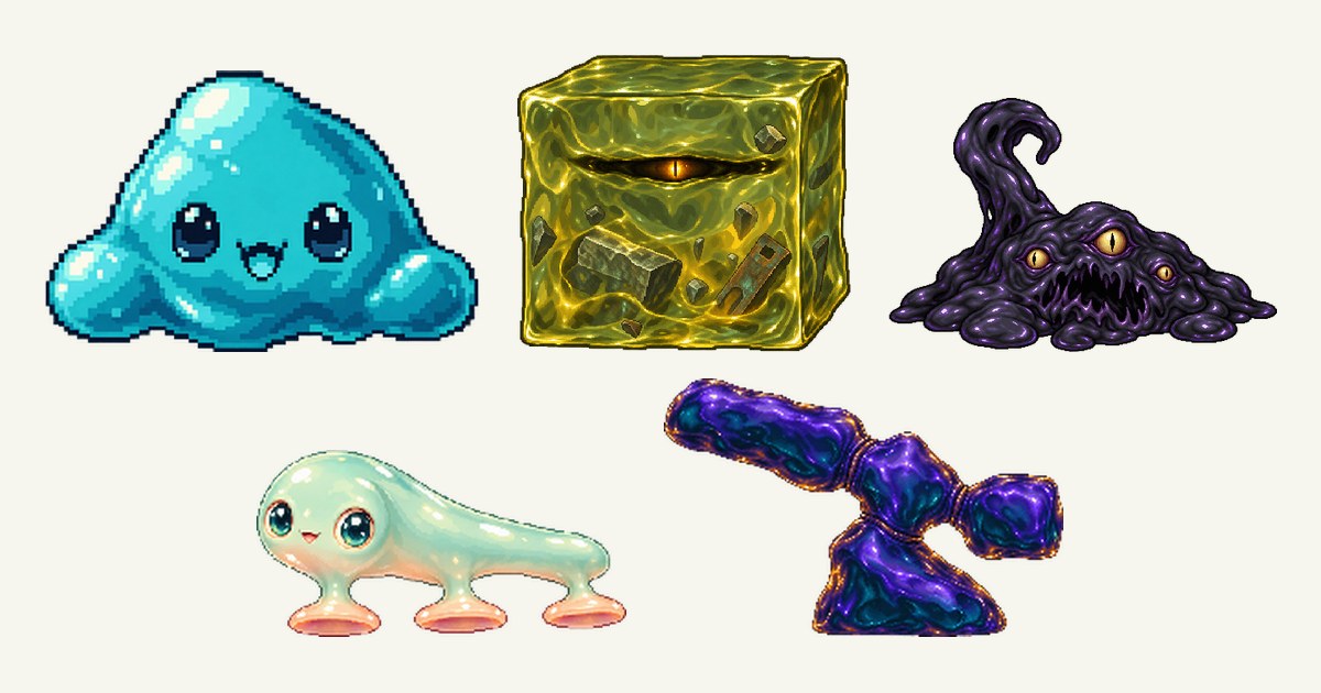 スライム、ゼリーキューブ、ブラックウーズ、みっつ皿のぷるぷる、傾き節のゼリーのイラスト