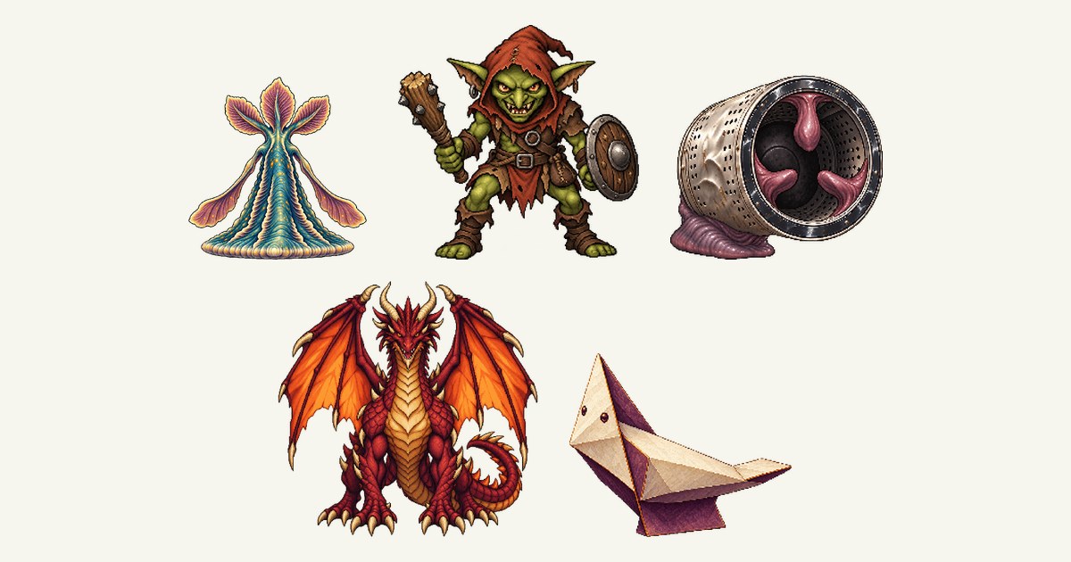 鰓冠の代唱者、ゴブリン、回る口の洗濯槽、ドラゴン、一角の折り舟のイラスト
