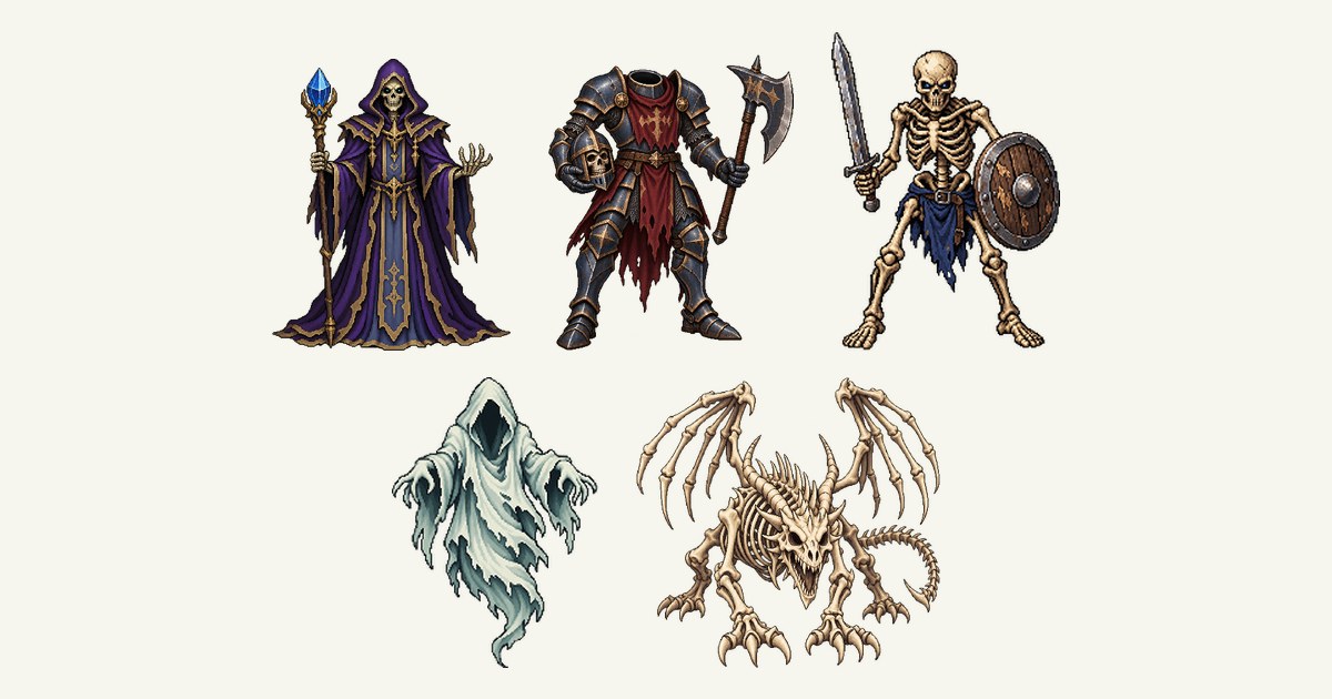 リッチ、デュラハン、スケルトン、ゴースト、スケルトンドラゴンのイラスト