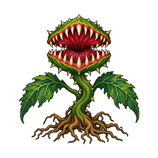 大きな捕虫口と太い茎、2枚の葉、根を持つ食虫植物の敵キャラ立ち絵イラスト(王道ファンタジー)