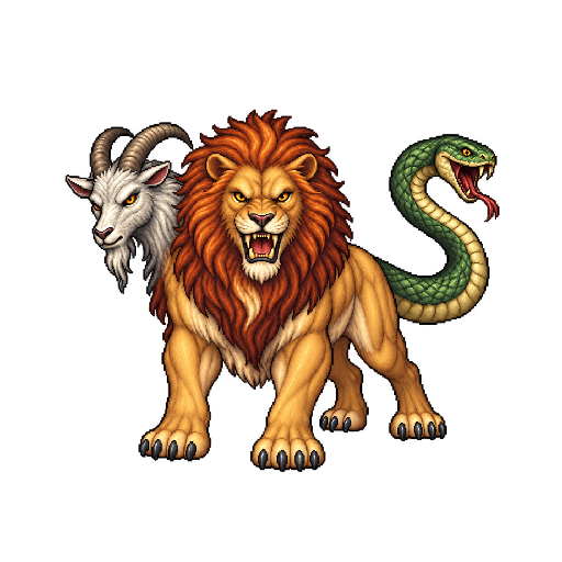 ライオンとヤギと蛇の3つの頭、4本の足を持つキマイラの敵キャラ立ち絵イラスト(王道ファンタジー)