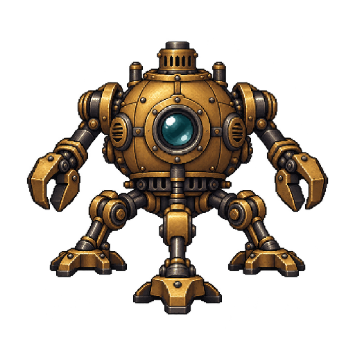丸い真鍮の胴と1つのレンズ、3本の脚と2本の工具腕を持つ機械の敵キャラ立ち絵イラスト(王道ファンタジー)