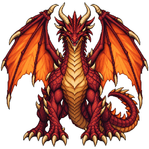 橙色の翼を広げた赤いドラゴンの敵キャラ立ち絵イラスト(王道ファンタジー)