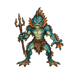 青緑の鱗と橙色のひれを持ち三叉槍を構える魚人の敵キャラ立ち絵イラスト(王道ファンタジー)
