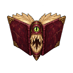 左右の表紙を開き中央に目と牙を持つ魔導書モンスターの敵キャラ立ち絵イラスト(王道ファンタジー)