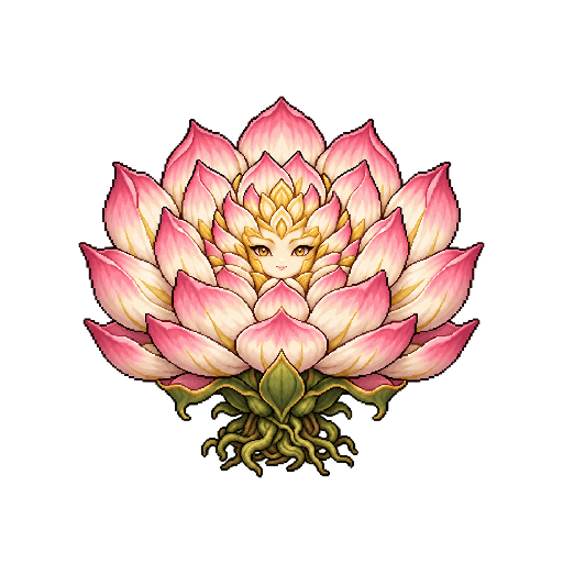 桃色の花弁と中央の顔、まとまった根を持つ蓮の精の敵キャラ立ち絵イラスト(王道ファンタジー)