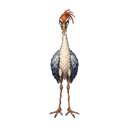 長い首と嘴、畳んだ2枚の翼、2本の長い脚を持つ怪鶴の敵キャラ立ち絵イラスト(王道ファンタジー)