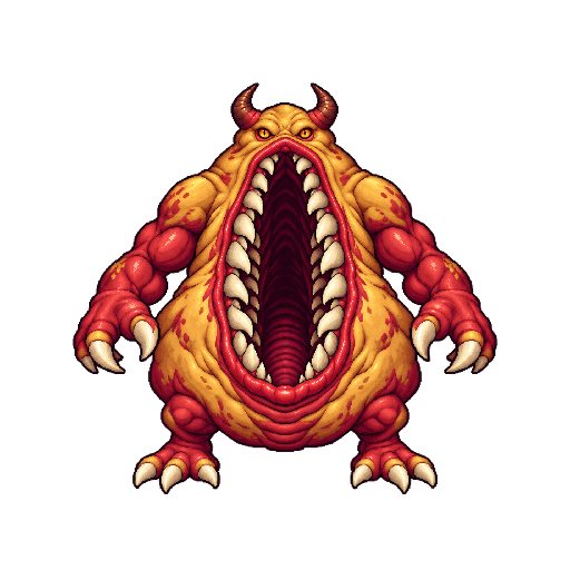 大きな縦の口、2本の角、2本の腕と脚を持つ丸い悪魔の敵キャラ立ち絵イラスト(王道ファンタジー)