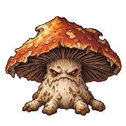 大きな茶赤の傘と根の足を持つキノコの敵キャラ立ち絵イラスト(王道ファンタジー)