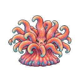 珊瑚色の触手を放射状に広げたイソギンチャクの敵キャラ立ち絵イラスト(王道ファンタジー)