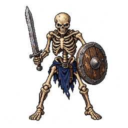 剣と丸盾を構えるスケルトンの敵キャラ立ち絵イラスト(王道ファンタジー)