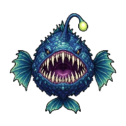 頭の提灯と大きな口、左右のひれを持つアンコウの敵キャラ立ち絵イラスト（王道ファンタジー）