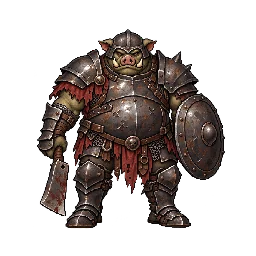 鉄の重鎧と盾と大きな刃を構えるオークの敵キャラ立ち絵イラスト（王道ファンタジー）