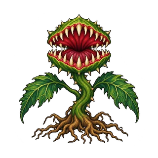 大きな捕虫口と太い茎、2枚の葉、根を持つ食虫植物の敵キャラ立ち絵イラスト（王道ファンタジー）