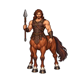 人型の上半身と2本の腕、4本の馬脚を持つ槍装備のケンタウロスの敵キャラ立ち絵イラスト（王道ファンタジー）