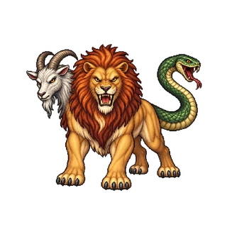 ライオンとヤギと蛇の3つの頭、4本の足を持つキマイラの敵キャラ立ち絵イラスト（王道ファンタジー）