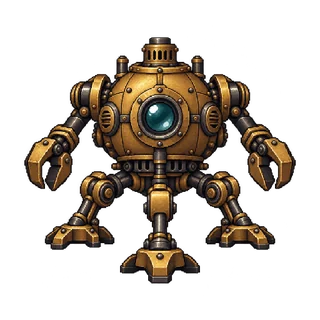 丸い真鍮の胴と1つのレンズ、3本の脚と2本の工具腕を持つ機械の敵キャラ立ち絵イラスト（王道ファンタジー）