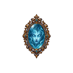 楕円の装飾枠の中に青い幻影の顔が映る呪いの鏡の敵キャラ立ち絵イラスト（王道ファンタジー）