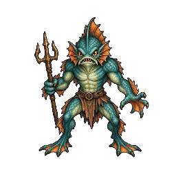 青緑の鱗と橙色のひれを持ち三叉槍を構える魚人の敵キャラ立ち絵イラスト（王道ファンタジー）
