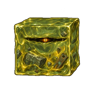 正面に単眼の切れ目があり、内部に石や金属片を含む立方体ゼリー生物の敵キャラ立ち絵イラスト（王道ファンタジー）