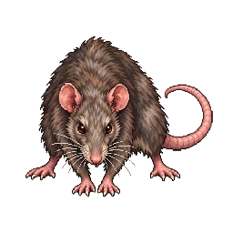 灰褐色の毛と丸い耳、4本の足と長い裸の尾を持つ大ネズミの敵キャラ立ち絵イラスト（王道ファンタジー）