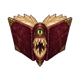 左右の表紙を開き中央に目と牙を持つ魔導書モンスターの敵キャラ立ち絵イラスト（王道ファンタジー）