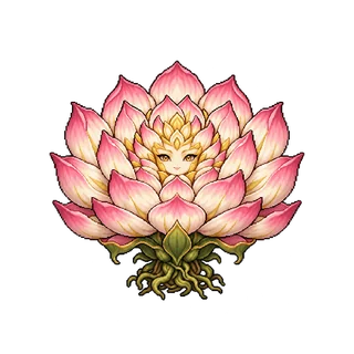 桃色の花弁と中央の顔、まとまった根を持つ蓮の精の敵キャラ立ち絵イラスト（王道ファンタジー）