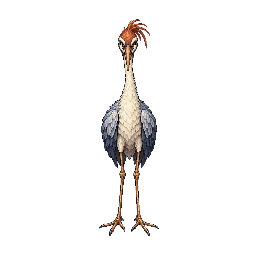 長い首と嘴、畳んだ2枚の翼、2本の長い脚を持つ怪鶴の敵キャラ立ち絵イラスト（王道ファンタジー）