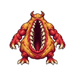 大きな縦の口、2本の角、2本の腕と脚を持つ丸い悪魔の敵キャラ立ち絵イラスト（王道ファンタジー）