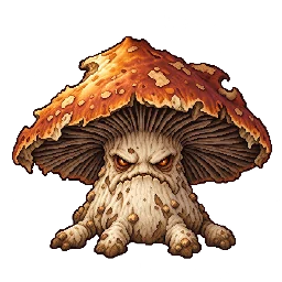 大きな茶赤の傘と根の足を持つキノコの敵キャラ立ち絵イラスト（王道ファンタジー）