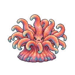 珊瑚色の触手を放射状に広げたイソギンチャクの敵キャラ立ち絵イラスト（王道ファンタジー）